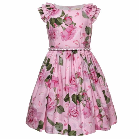 Monnalisa Girl Elegant Pink Rose Floral Pearl Dress Size 8
